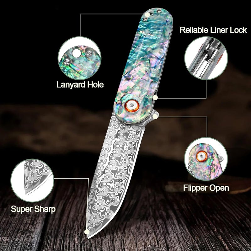 Zingbee Damascus Pocket Knife with Sheath 2.95" Damascus Steel Blade Folding Knife with Abalone Shell Handle EDC Pocket Knives for Men Women Outdoor Indoor Camping - Image 5